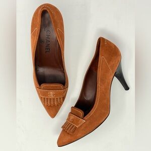 RARE Chanel Western Suede Fringe High Heels Pumps CC Logo Brown Tan 37 7 6.5
